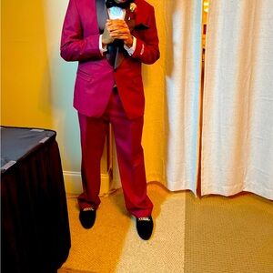 Burgundy tuxedo with some black shoes